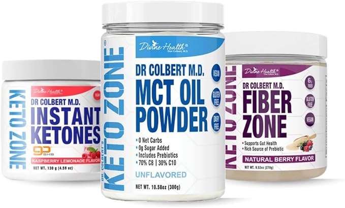 Keto Zone Maintenance Pack | by Divine Health &amp Dr. Colbert | MCT Oil Powder (Unflavored) | Fiber Zone (Berry) | Supports Energy &amp Gut Health