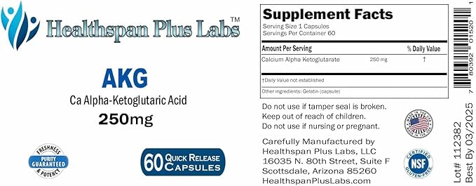 Ca AKG (Calcium Alpha-Ketoglutarate) Capsules 250mg 60 Count