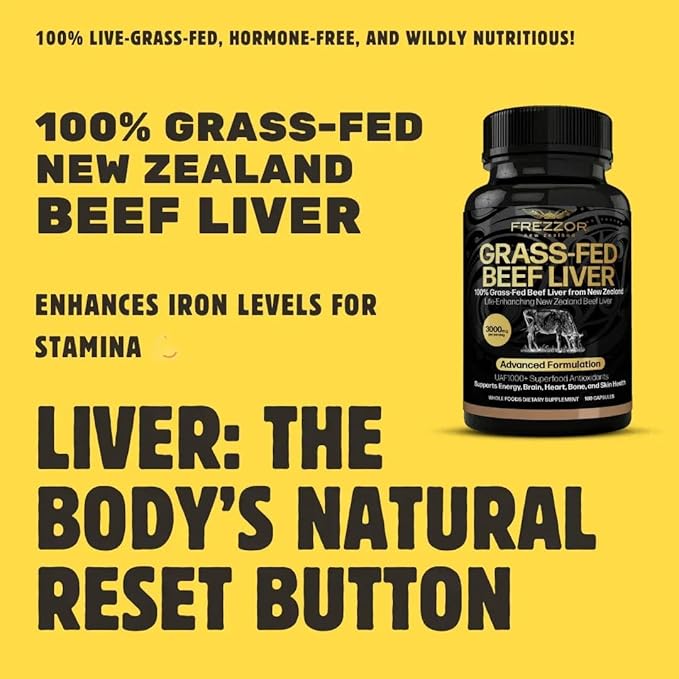 FREZZOR New Zealand 100% Live-Grass-Fed Beef Liver 540 Capsules Supports Energy Production Detoxification Digestion Immunity and Full Body Wellness Non-GMO 3000 mg per Serving