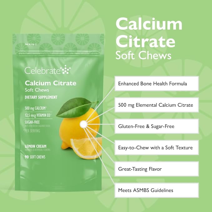 Celebrate Vitamins Bariatric 500mg Calcium Citrate Soft Chews with 500 IU Vitamin D3 – Essential for Gastric Bypass Patients &amp Bone Health - Sugar &amp Gluten Free Lemon (90 Chews)
