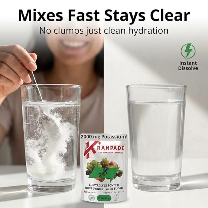 Krampade High Potassium Electrolytes Powder Zero Sugar Fruit Punch 4180mg Electrolytes 2000mg Potassium Cramp Relief &amp Prevention Cellular Hydration Better Endurance &amp Recovery Keto 50