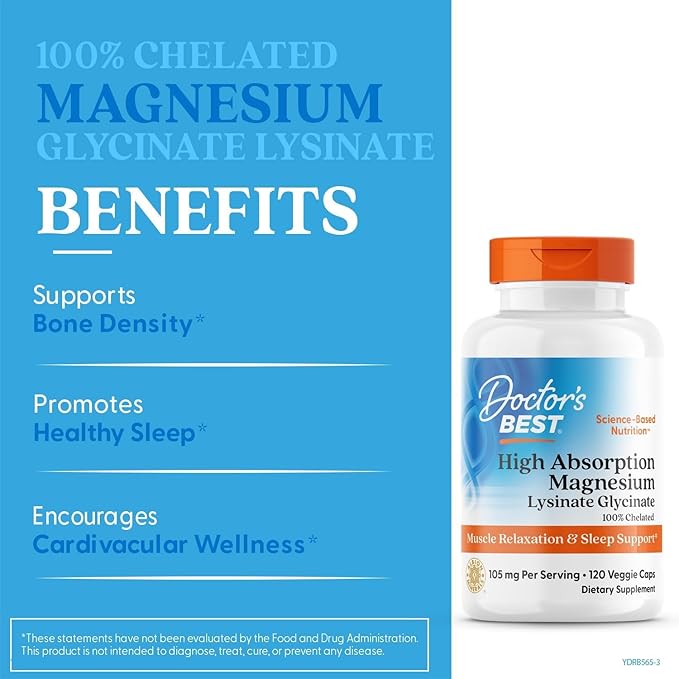 Doctor's Best High Absorption Magnesium Glycinate Lysinate 100% Chelated Non-GMO Vegan 120 Veggie Capsule (Pack of 1)