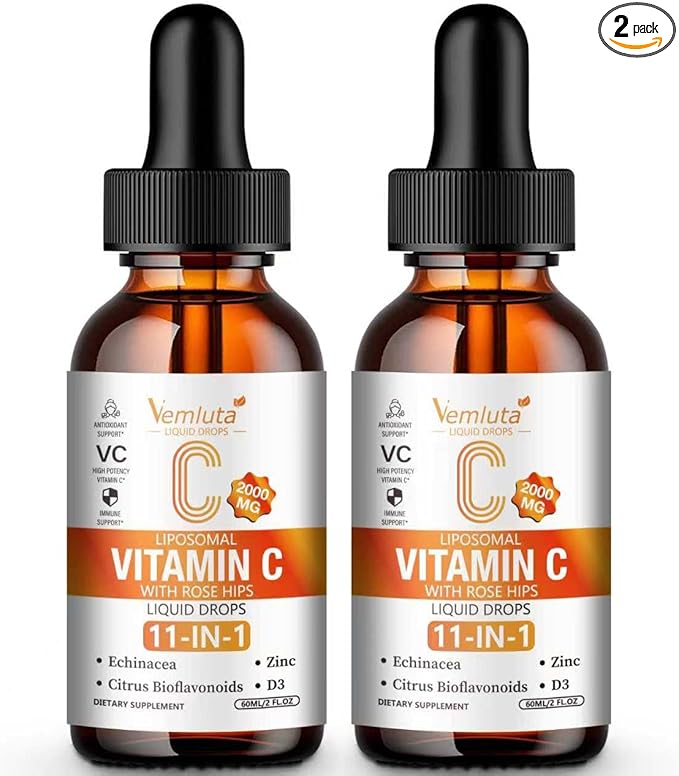 2 Packs Liposomal Vitamin C 2000mg Liquid Drop High Absorption VC Complex Rose Hips with Echinacea Citrus Bioflavonoids Zinc Vitamin D3 for Immune System &amp Antioxidant4 FL Oz