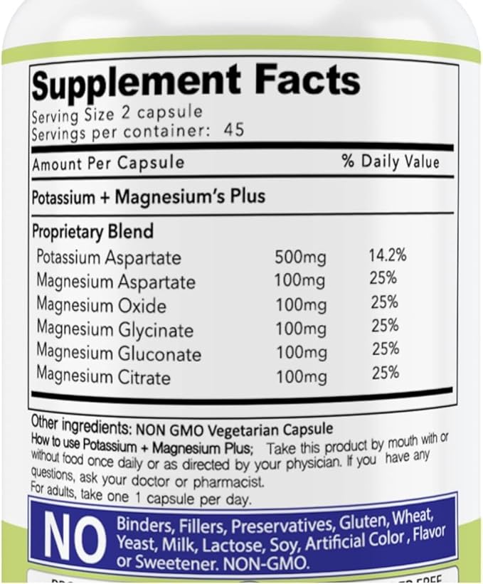 Daily Vites Potassium Magnesium Supplement 1000mg – 90 Capsules – Potassium 500mg &amp Magnesium 500mg – Magnesium Aspartate Glycinate Oxide Gluconate &amp Citrate – Muscle Heart &amp Electrol