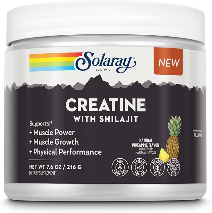 SOLARAY Creatine with Shilajit – Muscle Power and Growth Support with Creatine Monohydrate and L-Leucine Amino Acids – Natural Pineapple Flavor – Vegan Gluten Free – 30 Servings 7.6 OZ