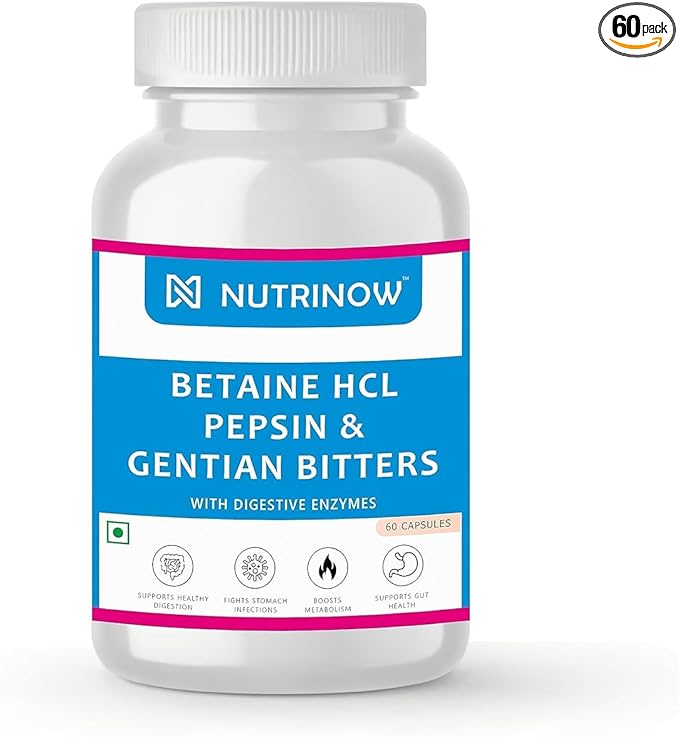 Viva Betaine HCL Pepsin Gentian Bitters | with Digestive Enzymes | Supports Healthy Gut Digestion Gas &amp Acidity Problems and Boosts Metabolism (60 Veg. Capsules)