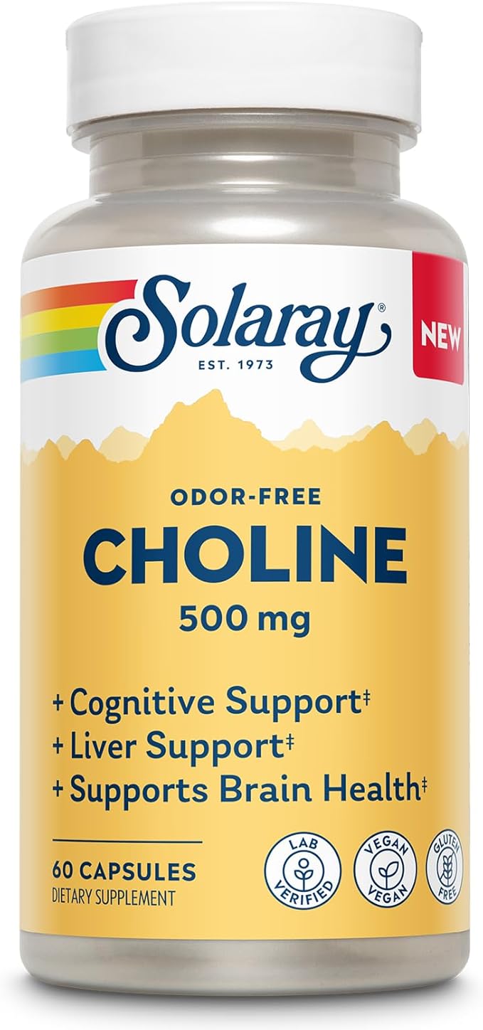 SOLARAY Choline 500 mg – Cognitive Brain Health and Liver Support Supplement – Powerful Brain Supplement &amp Choline Source for Adults – Odor-Free Vegan Liquid VegCaps – 60 Servings 60 Capsules