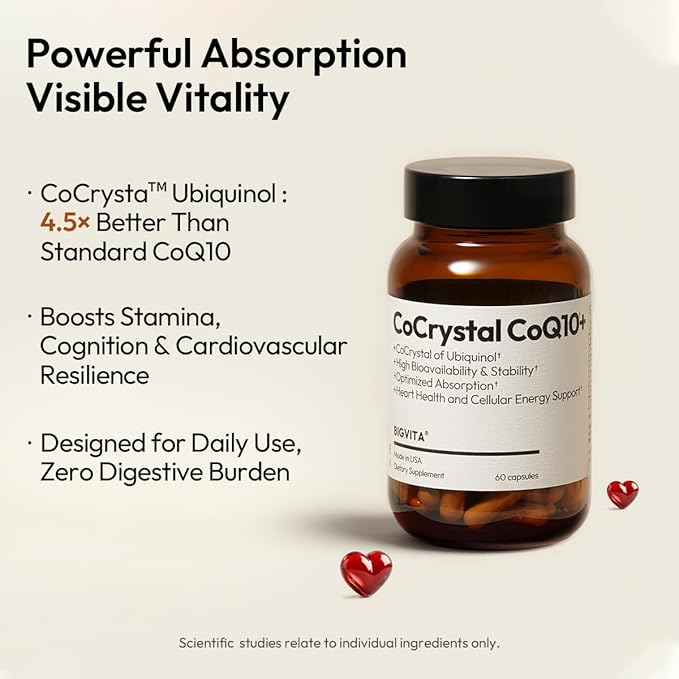 BIGVITA CoCrystal CoQ10 + 120 mg Ubiquinol – Ultra-Absorption Formula with PQQ SOD &amp BioPerine – Supports Heart Energy &amp Cellular Vitality – 60 Capsules - 2 Month Supply