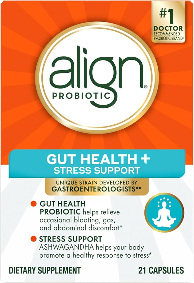Align Probiotic Gut Health + Stress Support with Probiotics for Digestive Health and Ashwagandha to Help Calm Mind and Body* #1 Doctor Recommended Brand‡ 21 Capsules