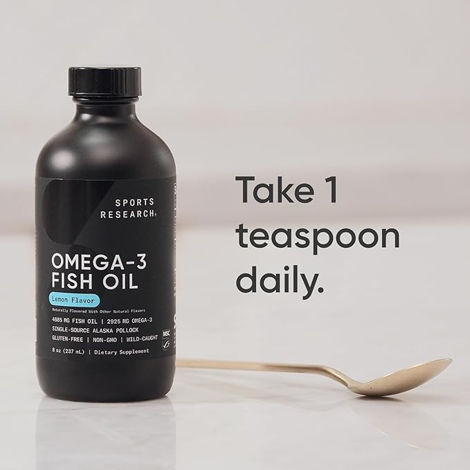 Sports Research® Omega-3 Fish Oil 8oz Glass Bottle - 4685mg of Wild Caught Alaska Pollock Fish Oil per Serving - Easy-to-Take Liquid · Lemon Flavor · Non-GMO · MSC Certified Sustainable - 48 Servings