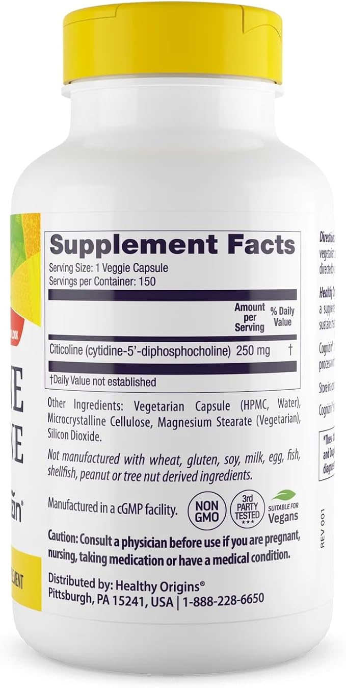 Healthy Origins Cognizin (Citicoline) 250 mg - Brain Supplement for Memory with Citicoline CDP Choline - Non-GMO Vegan &amp Gluten-Free Supplement - 150 Veggie Capsules
