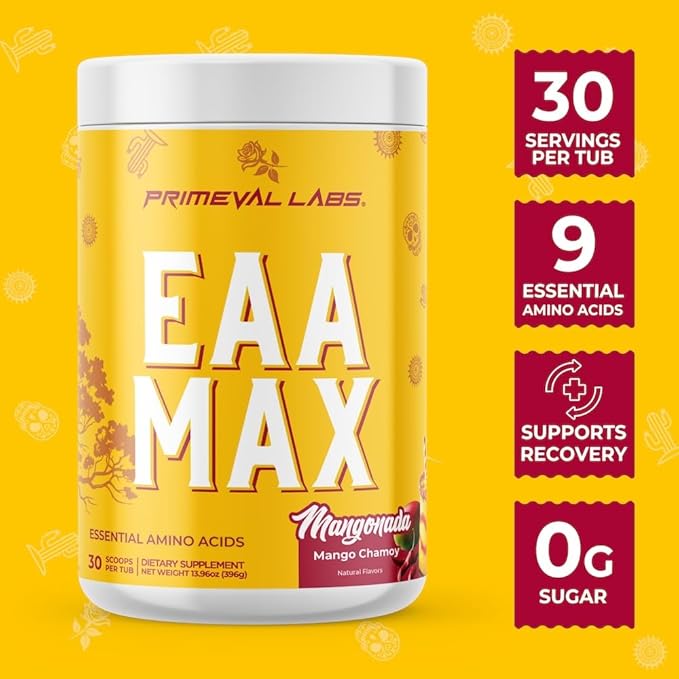 Primeval Labs EAA Max Energy | Pre or Post Workout Muscle Recovery | BCAAs EAAs Electrolytes | Supports Hydration &amp Performance | Keto Friendly | 30 Servings (Mangonada)