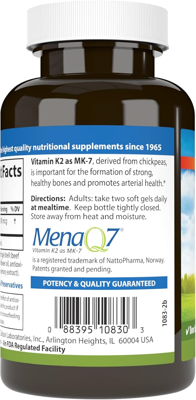 Carlson - Vitamin K2 MK-7 (Menaquinone) 180 mcg Bone Support Calcium Bioavailability K2 Vitamin Vitamin K-2 180 Softgels