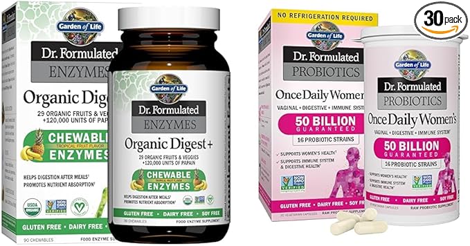 Garden of Life Dr Formulated Digestive Enzymes with Papain Bromelain &amp Dr. Formulated Women's Probiotics Once Daily 16 Strains 50 Billion 30 Capsules