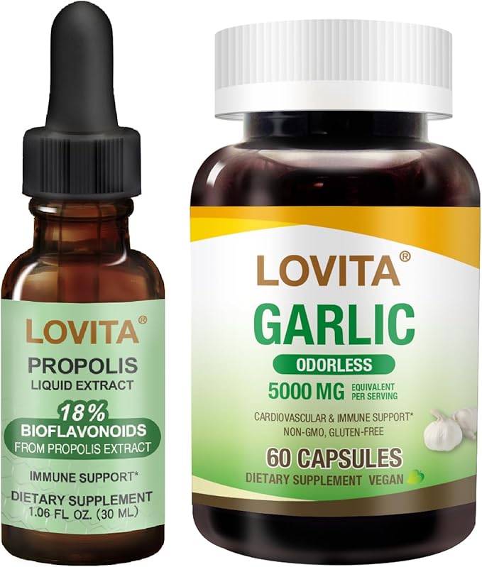 LOVITA Heart &amp Immune Bundle - 1 Propolis Drops &amp 1 Odorless Garlic Extract (5000mg) Allicin &amp Bioflavonoids Support (2 Pc Set)