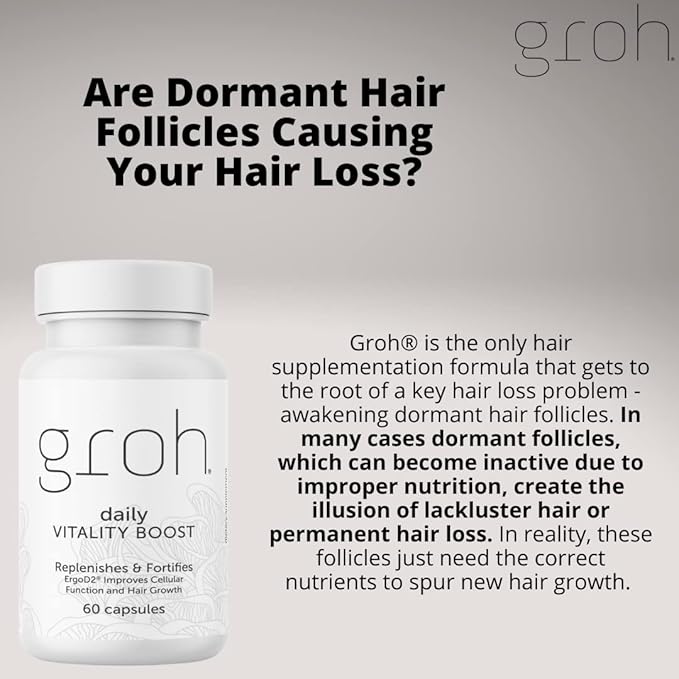 Groh Daily Vitality Boost - All Natural Hair Growth Supplement powered by ErgoD2 - Rich in Antioxidants - Vitamins for Stronger Hair Skin &amp Nails- Best Choice for Thinning Hair - 60 Count