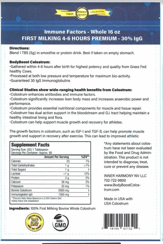 BodyBoost Premium Colostrum Whole 100% Bovine Colostrum Powder Immune Booster Supplement with Immunoglobulin &amp Lactoferrin Grass Fed Colostrum Powder Gut Health Diverse Intake16 oz
