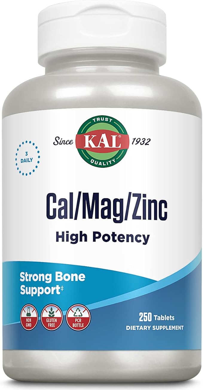 KAL Cal/Mag/Zinc | 1000mg Calcium 400mg Magnesium &amp 15mg Zinc | Bone Muscle Heart &amp Immune Support | 250ct 83 Serv.