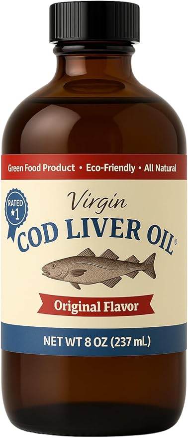 Virgin Cod Liver Oil - 8 Fl oz Natural Wild Caught &amp Fresh Tasting.High in Vitamin D Omega 3 DHA/EPA (Lemon Flavored)