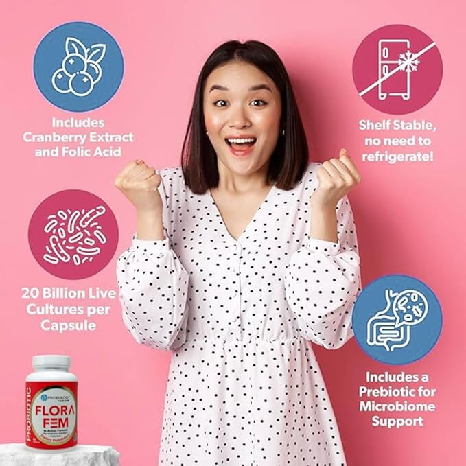 Belle+Bella Probiology Flora Fem - Daily Probiotics for Women - 4X Action Prebiotic + Probiotic + Cranberry + Folic Acid for Digestive Urinary Tract Reproductive &amp Vaginal Health - 60 Caps