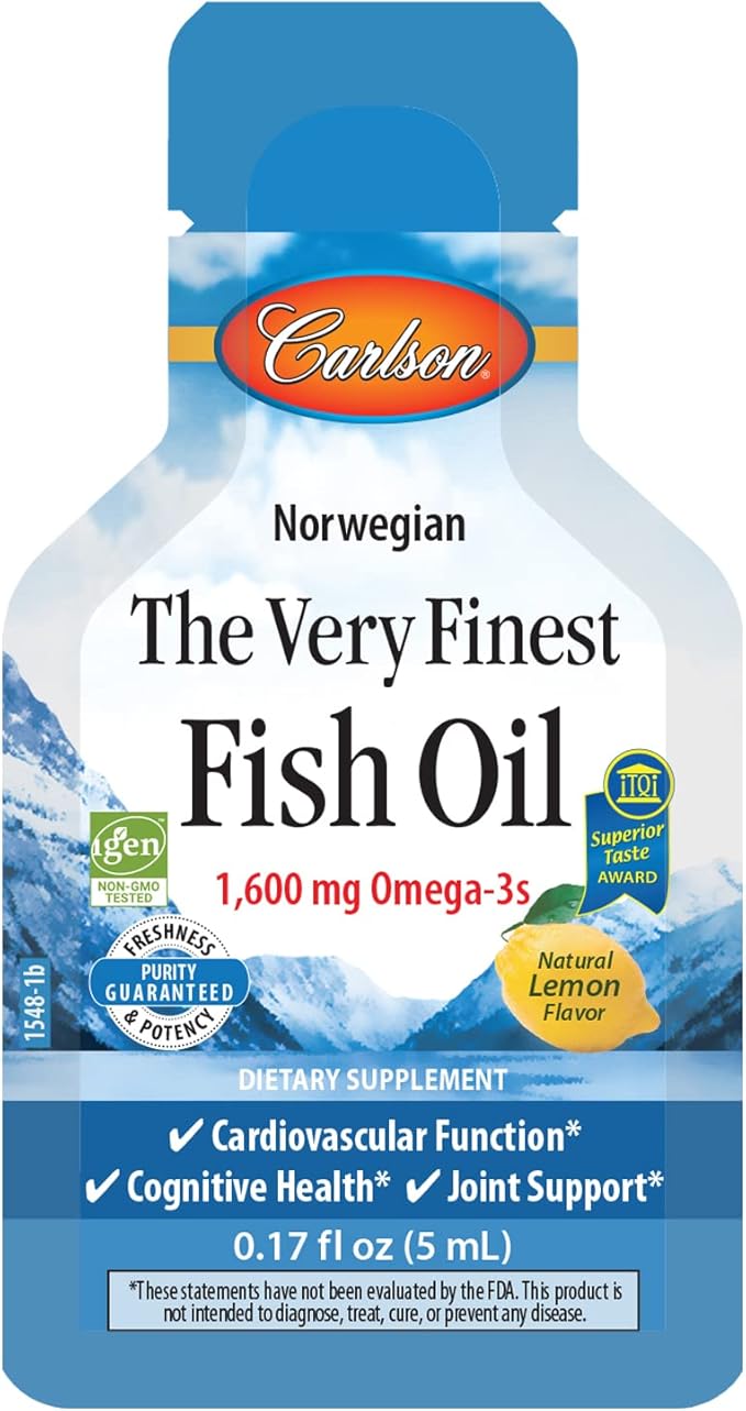 Carlson - The Very Finest Fish Oil Grab + Go Packets Single-Serving 1600 mg Omega-3s Norwegian Wild Caught Sustainably Sourced Box of 15 Packets 5 mL Each