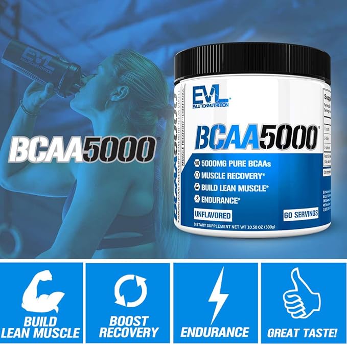 Evlution EVL BCAAs Amino Acids Powder - BCAA Powder Post Workout Recovery Drink and Stim Free Pre Workout Energy Drink Powder - 5g Branched Chain Amino Acids Supplement for Men - Unflavored Powder