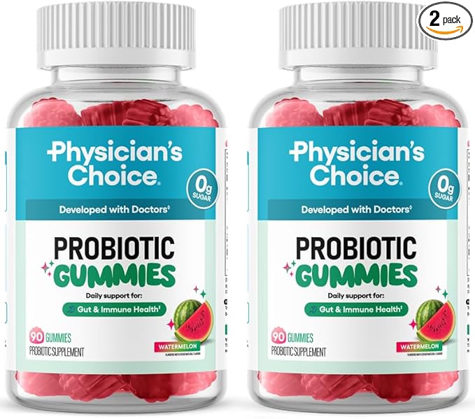Physician’s Choice Probiotic Gummies with Vitamin D &amp Prebiotic Fiber - Sugar Free - 1B CFUs of Clinically Studied Probiotic - Supports Immune &amp Gut Health for Adults - Watermelon Flavor - 90C