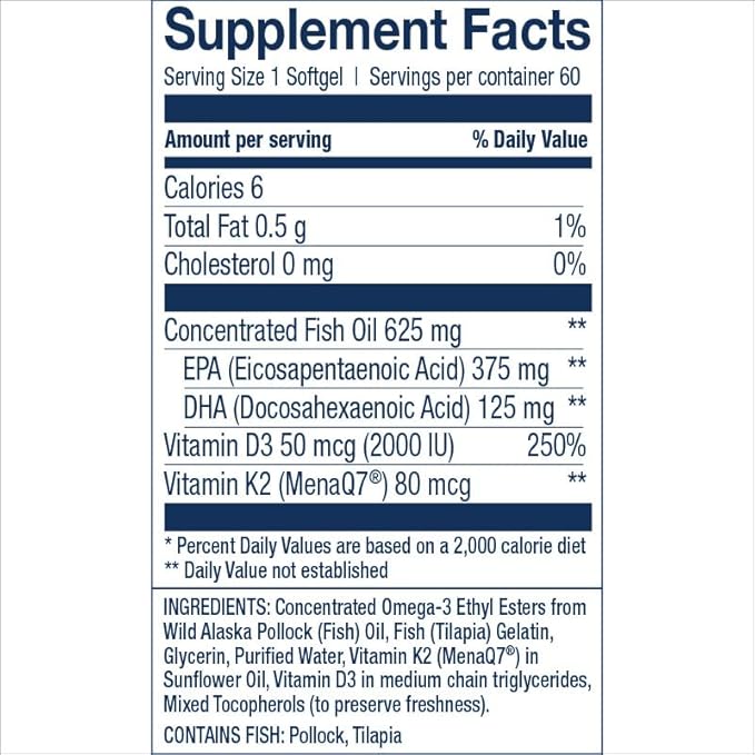 Wiley's Finest Wild Alaskan Fish Oil Vitamin K2 &amp D3 Softgels - 500mg of EPA and DHA Omega-3s for Bone and Heart Health Support - 60 Softgels (60 Servings)