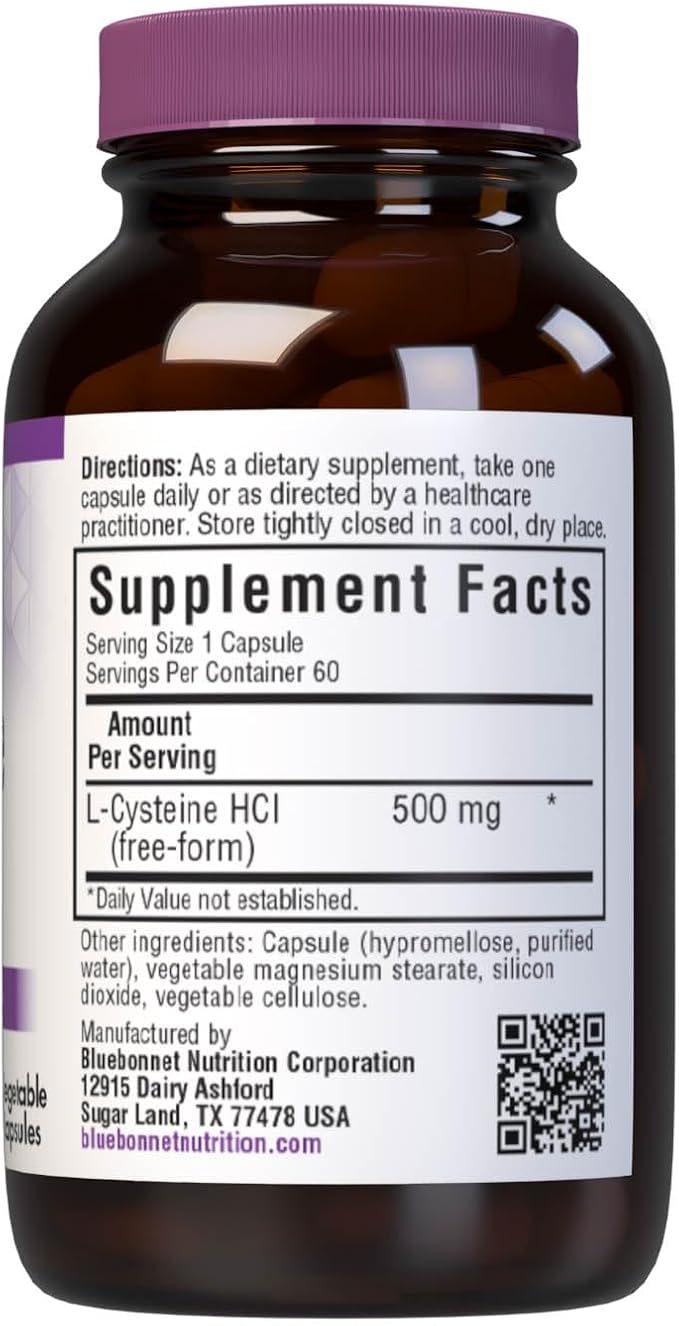 Bluebonnet Nutrition L-Cysteine 500mg Free-Form Amino Acid Promotes Healthy Skin Hair and Nails Soy-Free Gluten-Free Non-GMO Kosher Certified Vegan White 60 Vegetable Capsules