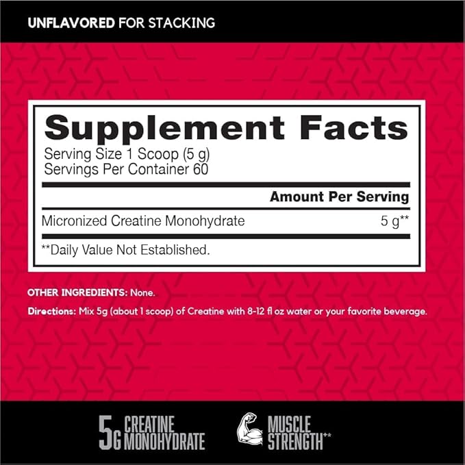 BSN Micronized Creatine Monohydrate Powder Unflavored Creatine Powder Micronized Supports Muscle Building Supports Muscle Strength Gym Supplement 5g per Serving 5000mg per Servings 60 Servings