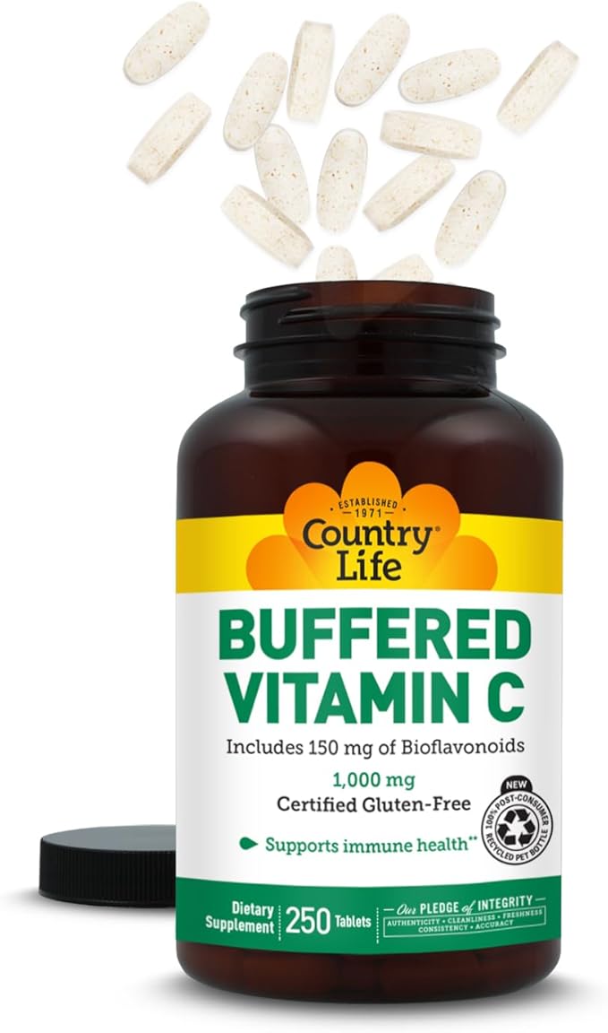 Country Life Buffered Vitamin C 1000mg with Bioflavonoids Calcium Magnesium Potassium - Immune Support Vegan Capsules Gluten-Free Gentle on Stomach - 250 Tablets