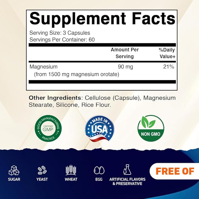 Vitamatic Magnesium Orotate Supplement – 1500mg per Serving 180 Capsules – Supports Muscle Nerve and Heart Health - Non-GMO Gluten Free - 2 Pack