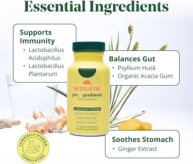 Semaine Super Powered Prebiotic + Probiotic for Women Effective 3-in-1 Multi-Action Formula to Nourish Gut Health Soothe IBS Support Bloat Relief &amp Immunity Boost Clinically-Studied (60 ct)