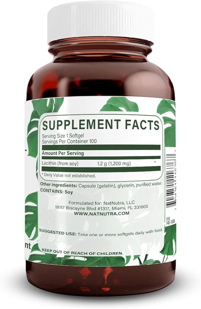 Natural Nutra Soy Lecithin 1200 mg Dietary Supplement - Brain Function Liver Health Hepls Breast Health Memory Boosting Supplement - Gluten-Free BPA-Free 100 Softgels in Recyclable Glass Bottles
