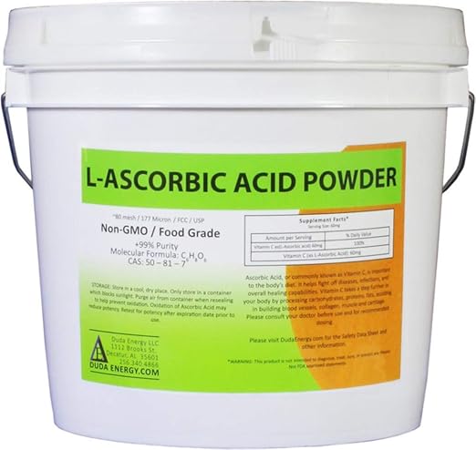 Duda Energy asc8p Pail of L-Ascorbic Acid Powder 99+% Food Grade USP36/BP2012 Naturally Fermented Pure White Crystals Form of Vitamin C 8 lb.