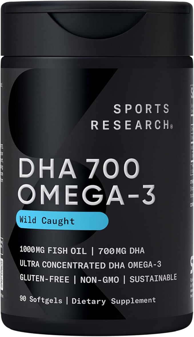 Sports Research® DHA Omega-3 Fish Oil 700mg – Single Source Wild-Caught Fish – Supports Brain Health* – Burpless Non-GMO Gluten-Free Sustainably Sourced – 90 Softgels