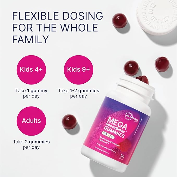 Microbiome Labs MegaSporeBiotic Kids Probiotic - Spore Based Gummy Probiotics for Kids - Supports Gut Health &amp Immunity with Bacillus Probiotic Blend - Berry Flavored (30 Gummies)