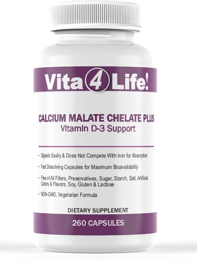 Vita4Life!® Calcium Malate + D3 Fast-Dissolve Capsules 1200 mg Bioavailable Calcium 800 IU Vitamin D₃ Non-GMO Gluten- &amp Dairy-Free (260 Count)