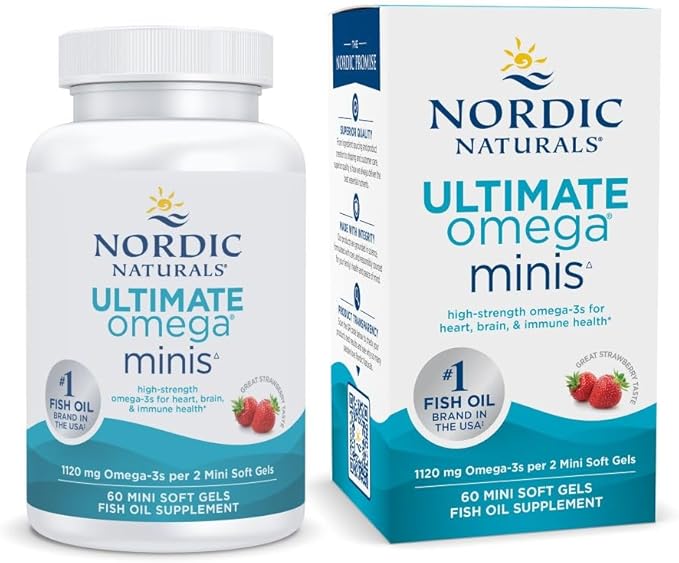 Nordic Naturals Ultimate Omega Minis Strawberry Flavor - 60 Minis Soft Gels - 1120 mg Omega-3 - High-Potency Fish Oil Supplement - EPA &amp DHA - Promotes Brain &amp Heart Health - 30 Servings