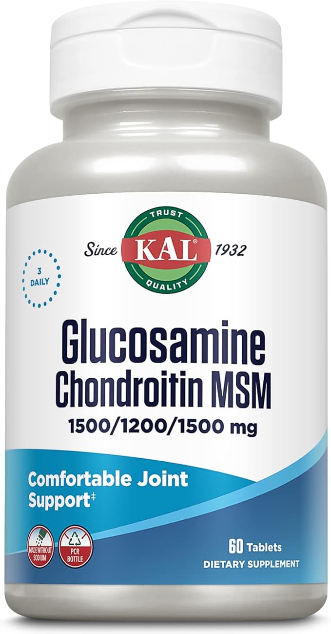 KAL Glucosamine Chondroitin MSM Joint Support Supplement for Women and Men 1500mg Glucosamine Sulfate 1200mg Chondroitin 1500mg MSM Rapid Disintegration 60-Day Guarantee 20 Servings 60 Tablets
