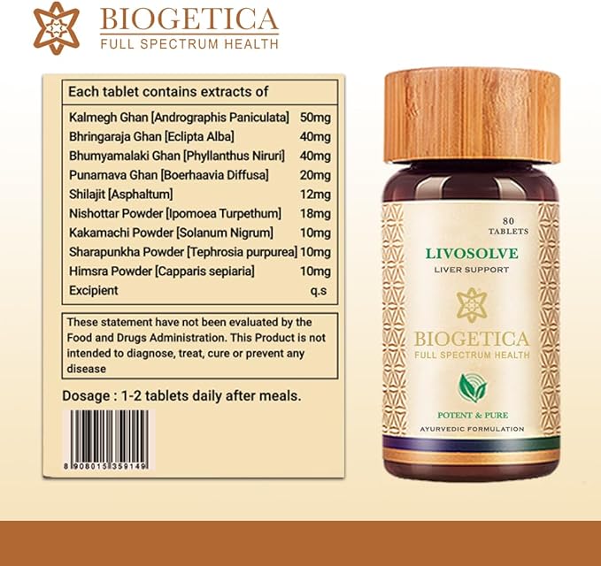 Biogetica Livosolve Herbal Supplement for Liver Care - Total Liver Support Cleanse &amp Detox Protects Cells &amp Enzymes - 100% Vegan Non-GMO - 80 Tablets