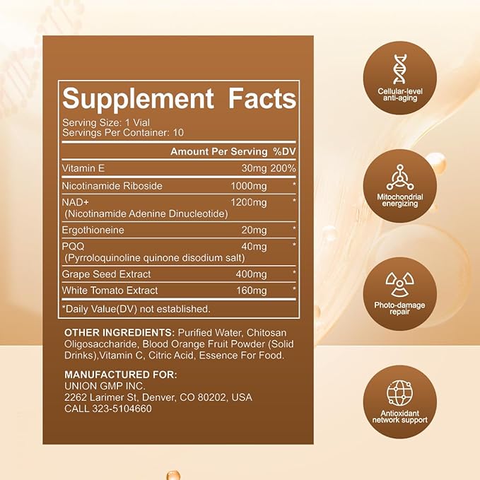 NAD+ 1200mg Liquid Supplement with Nicotinamide Riboside PQQ &amp Grape Seed Extract for Cellular Vitality Energy Metabolism &amp Antioxidant Support – 10 Liquid Vials