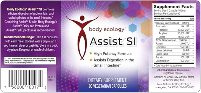 Body Ecology Assist SI | Small Intestine Digestion Enzymes | Non-GMO Immune Support | 90 Vegetarian Count