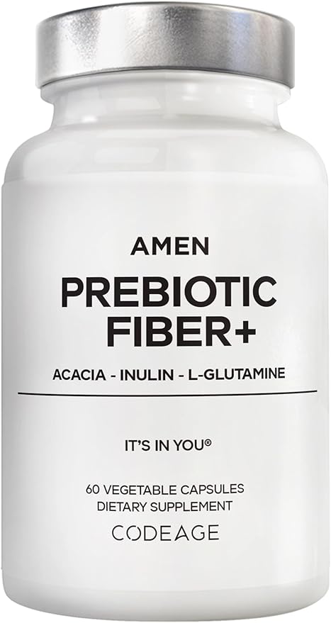Amen Prebiotic Fiber Supplement - Organic Acacia &amp Chicory Inulin Fiber L-Glutamine - Digestive Support - Vegan Non-GMO - 60 Capsules