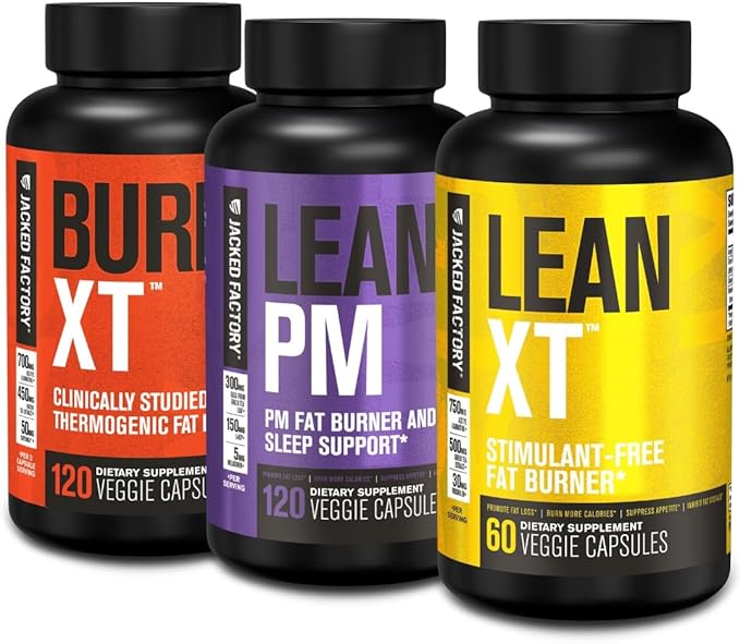 Jacked Factory Burn-XT Clinically Studied Thermogenic Fat Burner (120 Capsules) Lean PM Nighttime Fat Burner and Sleep Aid (120 Capsules) Lean-XT Caffeine-Free Weight Loss Supplement (60 Capsules)