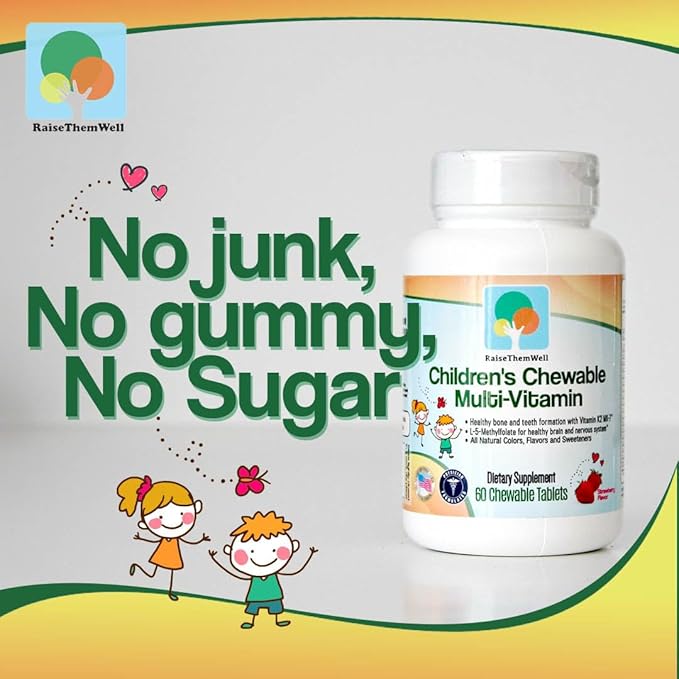 Raise Them Well Tasty Chewable Kids Multivitamin All-Natural Colors Flavors &amp Sweeteners Daily Essential Vitamins for Children Easy-to-Chew Vitamins Strawberry