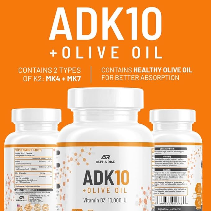 ADK 10 Vitamin Supplement + Olive Oil for Better Absorption - with Vitamins A + D3 (10000 iu) + K2 (MK7+MK4) - 90 Capsules - Vegetarian - Non-GMO