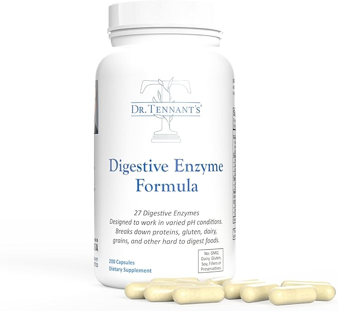Dr. Tennant's Digestive Enzyme Supplement | 27 Enzymes with 2X DPP-IV | Supports Gut Health Bloating Relief &amp Gluten and Dairy Digestion | 200 Capsules – 100 Day Supply
