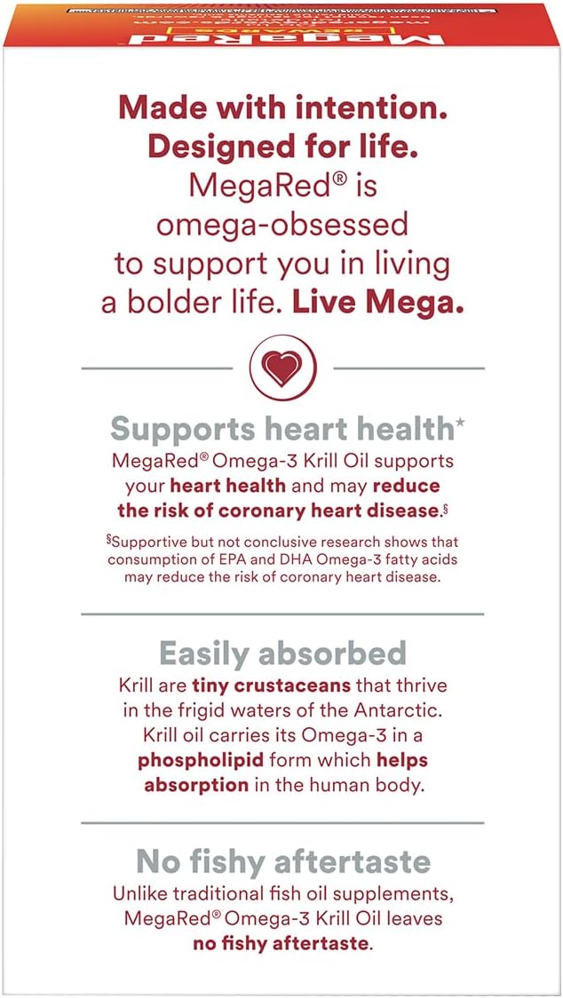 MegaRed Ultra Strength 1000mg Omega-3 Krill Oil Supplement with EPA/DHA Astaxanthin &amp Phospholipids No Fish Oil Aftertaste Supports Heart Brain Joint and Eye Health 60 Count Softgels (3 Pack)