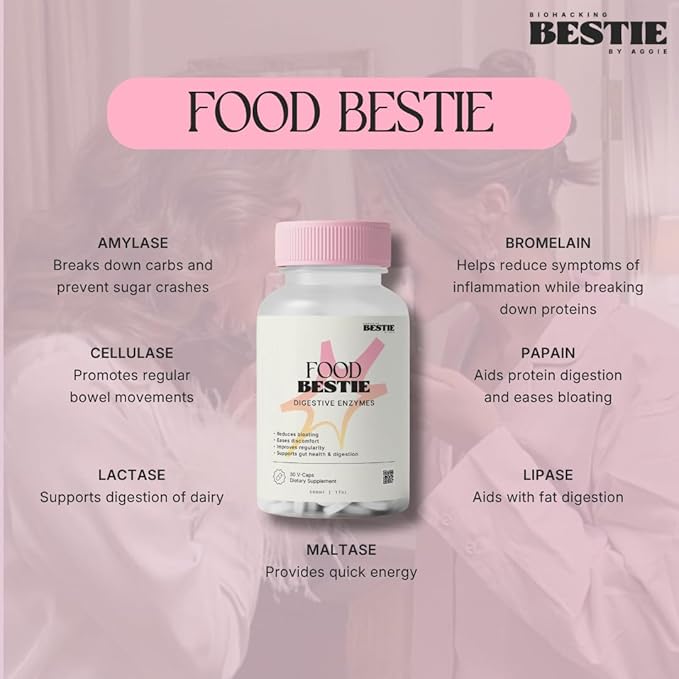Biohacking Bestie Food Bestie Supplement - Digestive Enzymes for Women &amp Men Natural Digestion &amp Bloating Support Promotes Gut Health Formulated with Bromelain &amp Lipase Gluten Free - 6